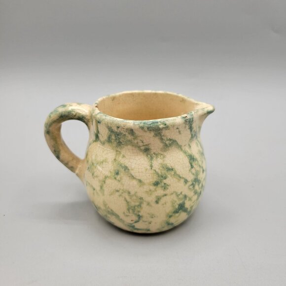 Antique Yellow Ware Spongeware Creamer Green Blue Primitive Kitchenware - Picture 3 of 7